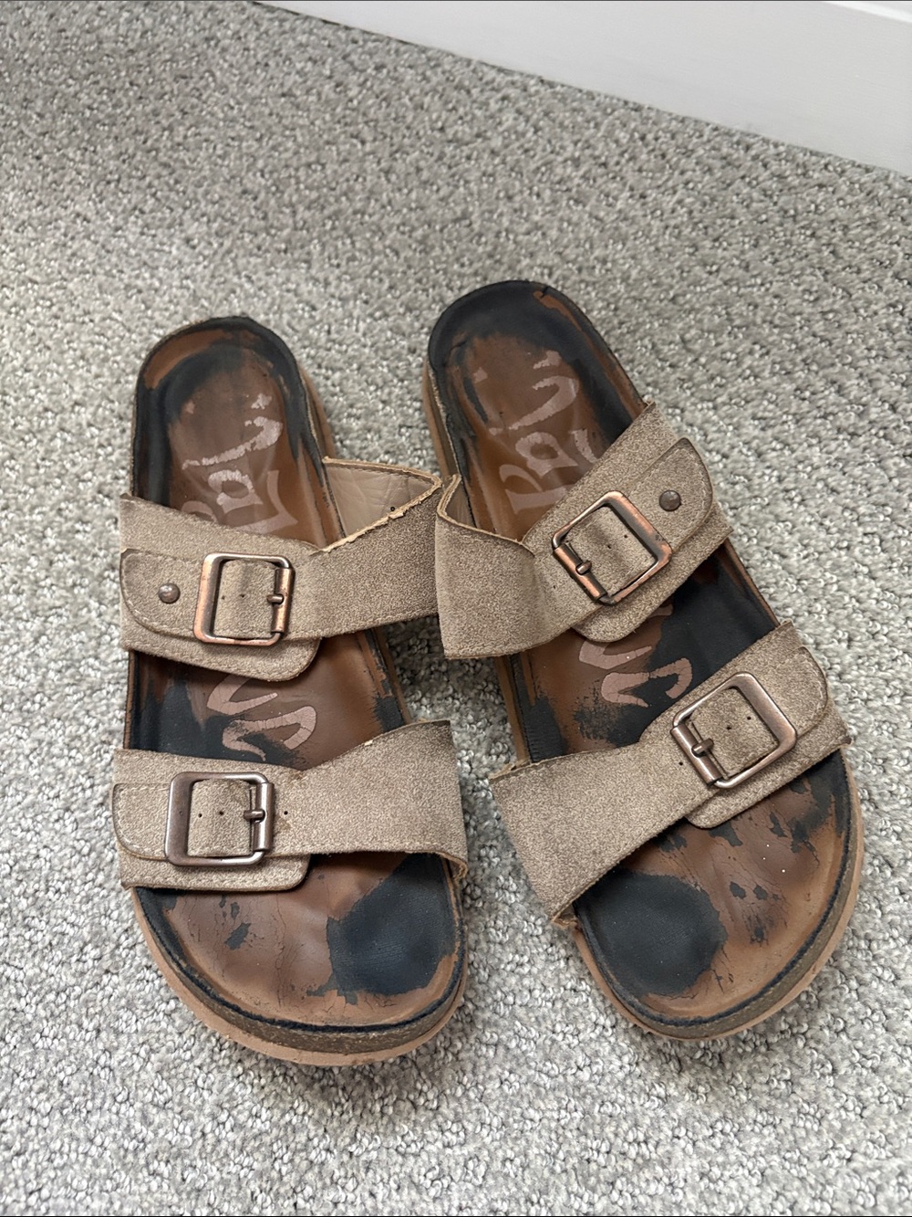 Target Taupe Suede Double-Buckle Slide Sandals - worn condition